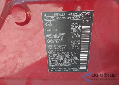 2016 Nissan Rogue Sv из США, поврежденный, VIN KNMAT2MT4GP625739